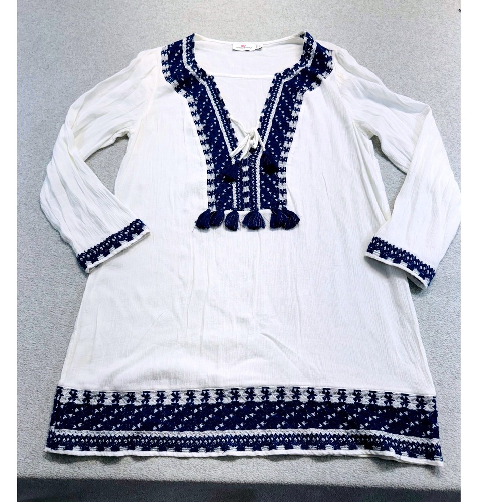 Vineyard Vines Womens S White Navy Embroidered Tunic Dress Beach Cover Up Tassel